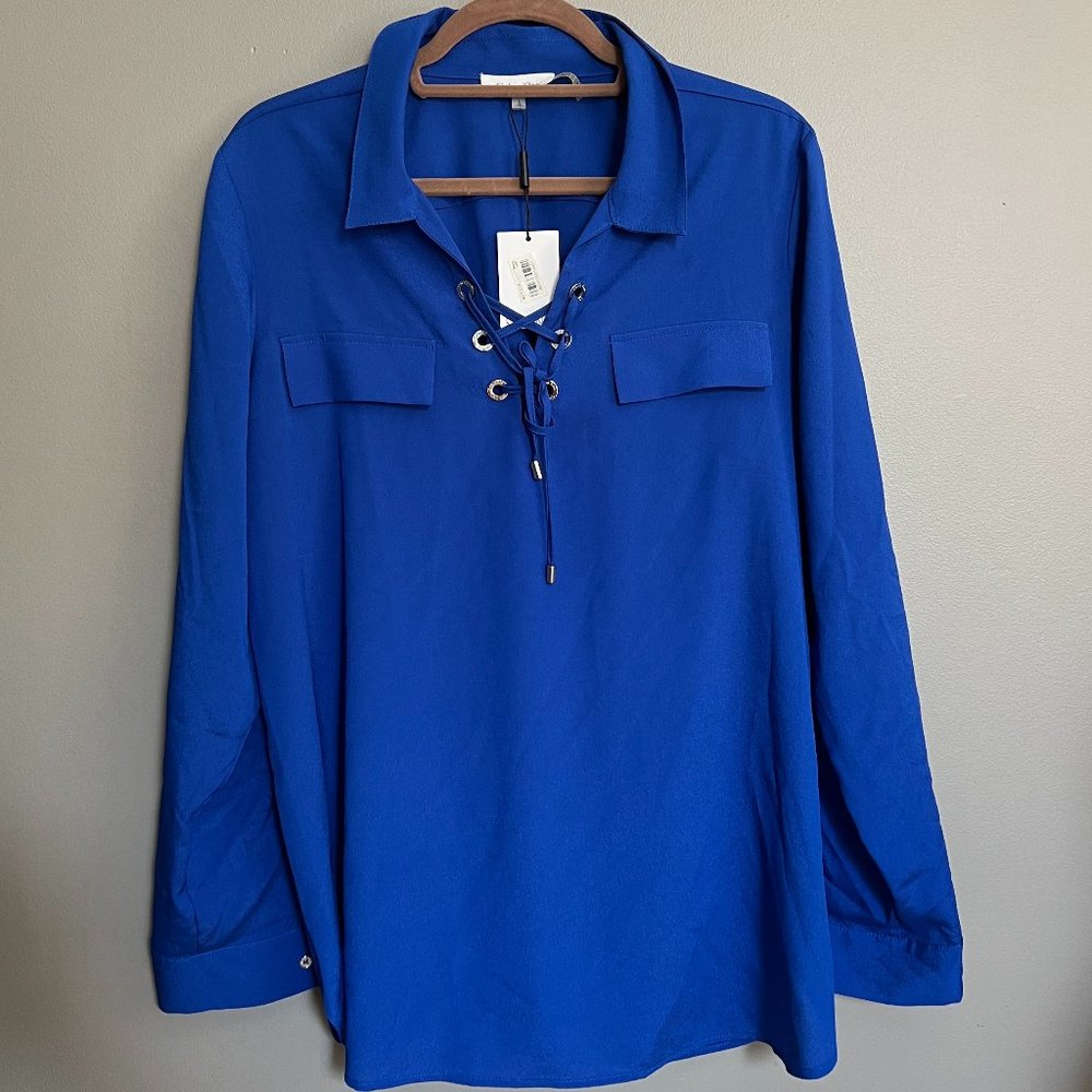Calvin Klein Long Sleeve Blue Tie-Neck Blouse Top